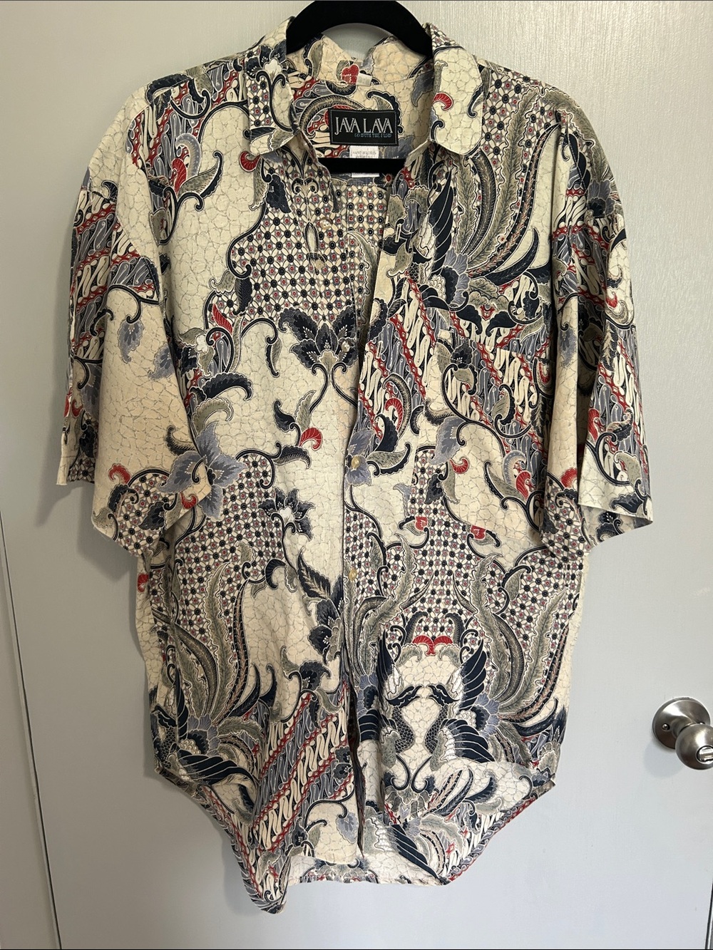 Vintage 90s Java Lava Distressed Batik Button Up Shirt Short Sleeve Cotton